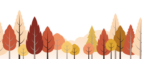 Obraz premium Seamless Forest With Mountains In Autumn Colors Vector Flat Illustration Isolated On A White Background. Horizontally Repeatable. 