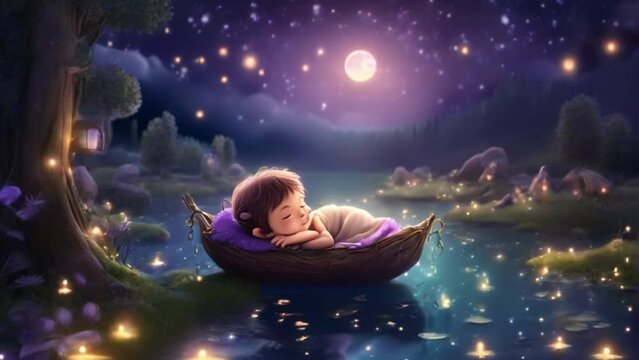 breathing animation, Animal Fantasy Mhytology lullaby cartoon sleeping on forest and lake, looped video background