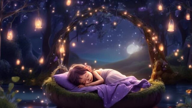 breathing animation, Animal Fantasy Mhytology lullaby cartoon sleeping on forest and lake, looped video background