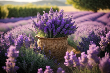 Lavender flowers bouquet with a background of lavender fields