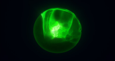 Energy abstract green sphere of glowing liquid plasma, electric magic round energy ball background