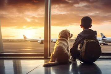 A young boy is relaxing in the airport lobby with his beloved dog, who has bonded with him through friendship, staring at the airfield. The beautiful sunset deepens the memories of the trip. Concept f