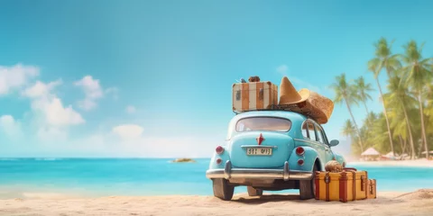 Fotobehang Car packed with luggage, all set for a summer holiday adventure on Golden sand meets the tranquil blue sea. © Nattadesh