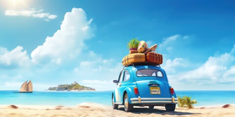 Car packed with luggage, all set for a summer holiday adventure on Golden sand meets the tranquil blue sea. - obrazy, fototapety, plakaty