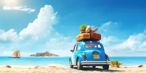 Tuinposter Car packed with luggage, all set for a summer holiday adventure on Golden sand meets the tranquil blue sea. © Nattadesh