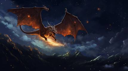 3D Flying Dragon Breathing Fire on dark night. Top view. Generative AI
