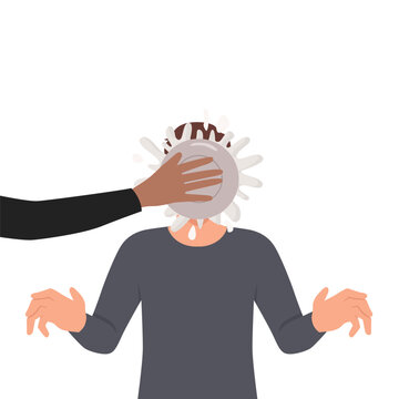 Person throw pie in man face make fun of friend or colleague. Greeting or congratulation with happy birthday prank or joke. Laughter and smile concept. Flat vector illustration isolated on white