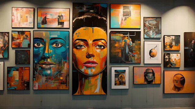 A zoomedin photo of a gallery wall featuring both paintings by human artists and digital artworks created by AI, sparking the debate of whether machines should be considered artists.