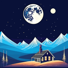 landscape with moon and stars, snowy cabin in the mountains with a full moon in the sky and stars in the night sky above the cabin and snow on the ground