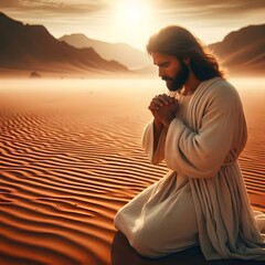 Jesus Christ is praying in desert.Easter christian concept