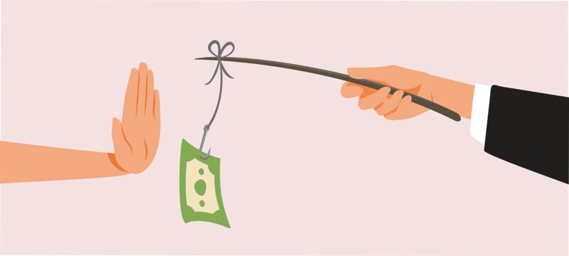 Hand Saying No to Bribe Money Vector Cartoon Illustration. Person staging a failed flagrant of offering dirty money bribery 
