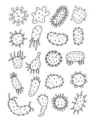 Outline different type of viruses. Bacteria and germs colorful set,micro-organisms disease-causing,bactery cell cancer germ,bacteria,viruses,fungi, protozoa,probiotic.