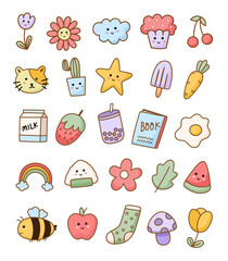 Simple sketch line style elements. Doodle cute ink pen line elements isolated on white background. Cute doodle food, flower, plant, socks, rainbow, cat, cloud