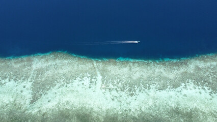 Topdown aerial view of small boat traveling in deep blue with coral reef in crystal clear ocean...