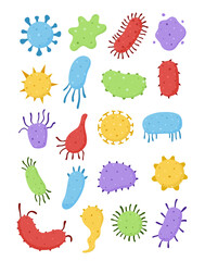Colourful different type of viruses. Bacteria and germs colorful set,micro-organisms disease-causing,bactery cell cancer germ,bacteria,viruses,fungi, protozoa,probiotic.