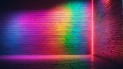 LGBT+ Pride: Red Brick Wall with Multicolored Lights. Generative AI