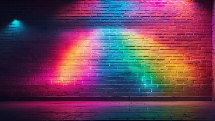 A brick wall, adorned with neon lights in a rainbow of colors