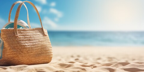 A straw hat, and sunglasses resting on a tropical beach, ready for a day of relaxation Golden sand meets the tranquil blue sea, creating a summer beach backdrop with sunlights shimmering.