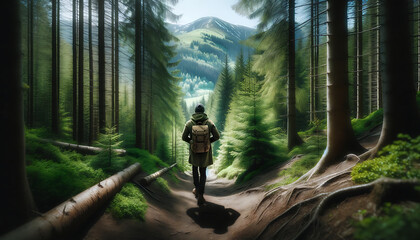 a mountainous pine forest in the midst of spring. The scene shows a man of a specific descent, seen from the back, taking a walk through the forest