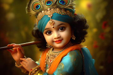 Cute little girl in lord krishna costume