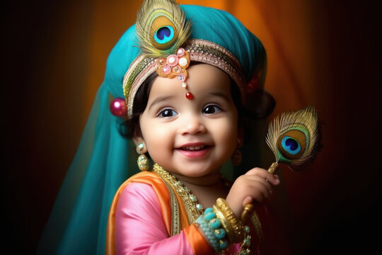Cute little girl in lord krishna costume