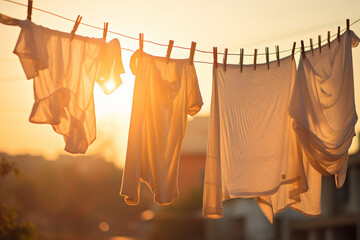 Freshly washed clothes of various colours hang outside, displaying the colourful freshness of laundry drying in sunlight. AI generative. - obrazy, fototapety, plakaty