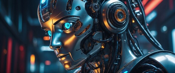 Close-up of the face of a robot, a futuristic science fiction concept. Generative AI