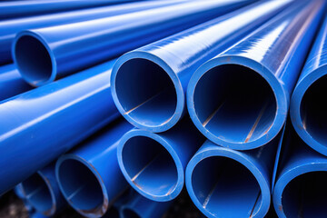 Blue color plastic pipes at factory