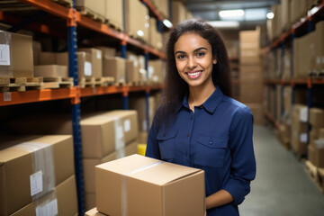 Young woman working in the shipping house - obrazy, fototapety, plakaty