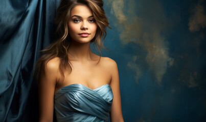 Elegant Young Woman in a Strapless Blue Gown with a Textured Blue Artistic Background