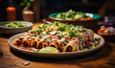 Delicious Enchiladas Topped with Melted Cheese and Fresh Cilantro on a Wooden Kitchen Table