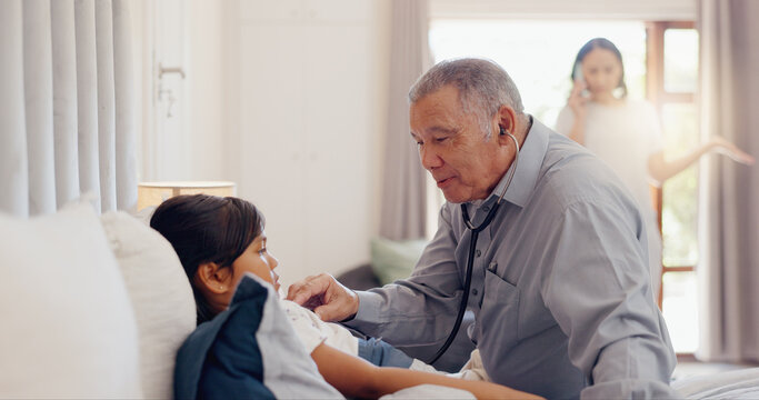 Senior, Man And Girl Child With Stethoscope In Bedroom Of Home For Healthcare, Wellness And Examination. Elderly, Doctor And Kid For Pediatrician, Patient And Sick On Bed In House With Consultation