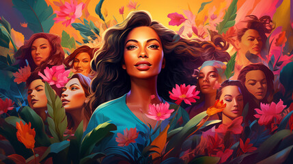 
Digital artwork, Women's Day celebration theme, featuring diverse group of women, empowering, vibrant colors