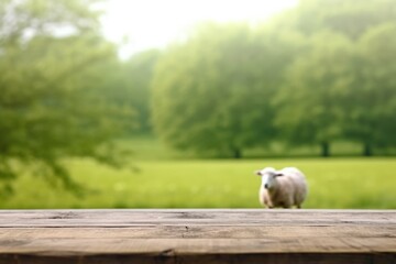 The empty wooden brown table top with blur background of sheep pasture. Exuberant image. generative AI
