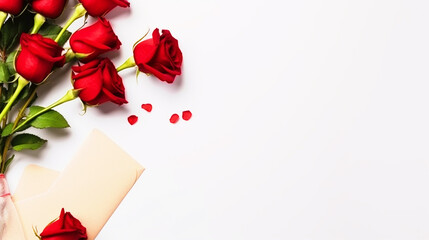 Bunch of roses with an envelope on isolated white background with copy text space - ai generative