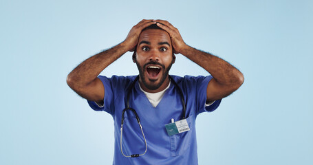 Wow, portrait and man nurse in studio with surprise hospital news, success or solution on blue...