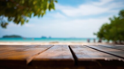 The empty wooden table top with blur background of Thailand beach. Exuberant image. generative AI - obrazy, fototapety, plakaty