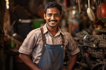 Confident indian male worker or mechanic - obrazy, fototapety, plakaty