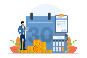 Salary payroll system concept, online income calculation and automatic payment, office accounting administration or calendar payment date, businessman standing with online payroll computer. - obrazy, fototapety, plakaty