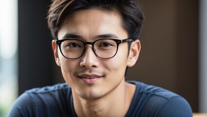Fototapeta na wymiar Portrait of young Asian male wearing glasses, with natural smile. Generative AI