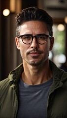 Obraz premium Middle-aged man wearing casual clothes and glasses in black. Generative AI