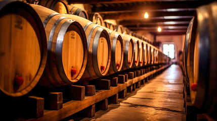 Old wooden oak barrels in underground cellars for aging wine or whiskey, vintage barrels and barrels in an old cellar: ideal storage for aging delicious wine. Cognac