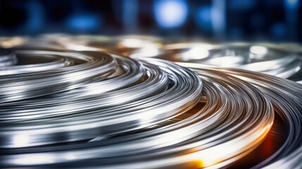 Close-up of aluminum wire spools in a manufacturing plant. Aluminum production. Metalworking. Selective focus. - obrazy, fototapety, plakaty