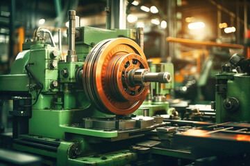 Photo of an industrial machine shaping metal material. Modern metal processing at an industrial enterprise. Manufacturing of high-precision parts and mechanisms.