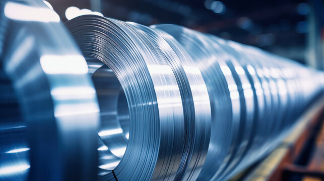 Industrial galvanized steel coil coil for sheet metal forming machine in metal fabrication plant workshop, sunlight tinted. Selective focus.