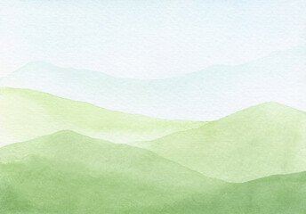 A summer landscape with panoramic views of green hills and fields is hand-drawn. Watercolor horizontal background, banner with space for text. An element for design and decoration.  - obrazy, fototapety, plakaty