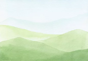 Foto op Canvas A summer landscape with panoramic views of green hills and fields is hand-drawn. Watercolor horizontal background, banner with space for text. An element for design and decoration.  © Svitlana