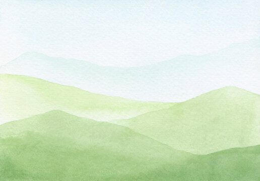 A summer landscape with panoramic views of green hills and fields is hand-drawn. Watercolor horizontal background, banner with space for text. An element for design and decoration. 