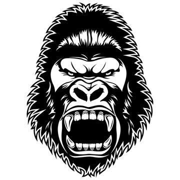 Angry gorilla head in black and white style.