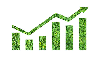 arrow graph made from green grass or leaves isolated on transparent background, go green concept, PNG